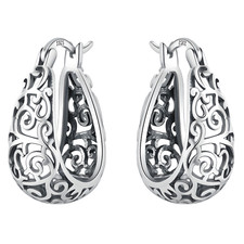 Womens 925 Sterling Silver Vine Pattern Hoop Earrings Hinged Snap Closure B47