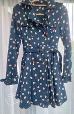 topshop raincoat size 8 Blue Red Spot Retro Belted Lined Pockets Flared Buttons 
