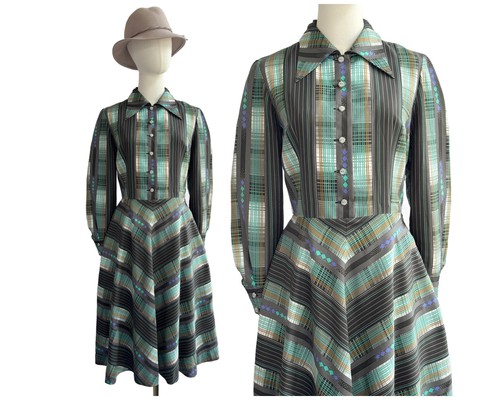 70s green checked shirtwaist - checked,