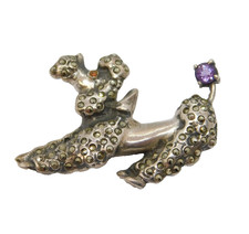 Sterling Silver, Marcasite & Amethyst Poodle Dog Brooch Pin Vintage c1970