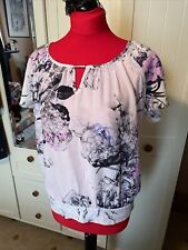 BHS Preloved Ladies Blouse Top UK Size 14 Ivory Floral Cap Sleeve Lightweight