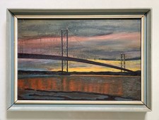 Vintage Oil Painting Glasgow School “ 4th Road Bridge “ Framed Mid Century 