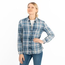 Womens Check Shirt Blue Denim Blouse Long Sleeve Distressed Button Up Pockets