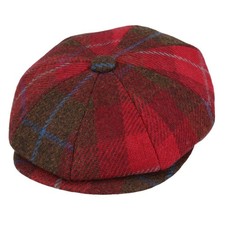 Red Tartan Tweed Wool Newsboy Cap – 8 Panel Gatsby Flat Cap Baker Boy Caps