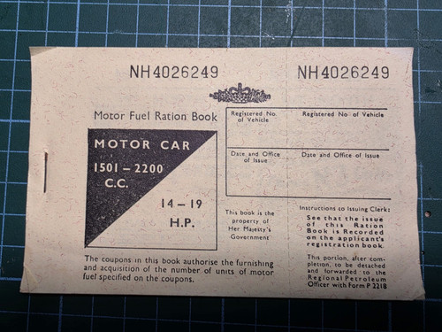 Vintage motor car fuel - fuel, ration