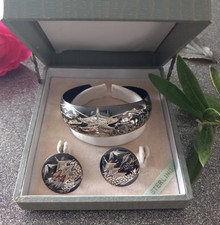 Art Deco sterling silver Siam necklace and  screw back earrings  in original box