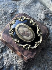 Antique Victorian Mourning Brooch Gold Front Black Enamel Woven Hair Jewelry