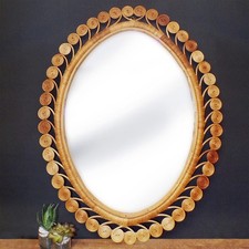 Large Rattan Wall Mirror Bamboo Cane Oval 1970s Vintage Retro Tiki Boho Ornate