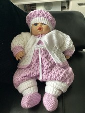 Hand Knitted 5 Piece Baby Girls Soft Lilac & White Romper Cardigan & Berry Hat