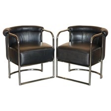 MODERNIST PAIR OF RALPH LAUREN DESIGNER BLACK LEATHER TUBULAR CHROME ARMCHAIRS