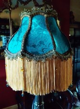 Madame Bella, Victorian Downton glass beaded lampshade, Vintage teal damask. 12"