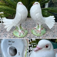 TWO VINTAGE HAND PAINTED PORCELAIN WHITE FANTAIL DOVES ITALY MARKED BASE H 9.25”