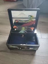 Vintage Japanese Wooden Musical Jewellery Box Hand Painted with Drawers & Mirror