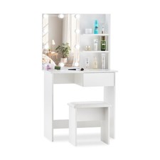 White LED Dressing Table Makeup Vanity with Mirror Drawers & Stool Modern