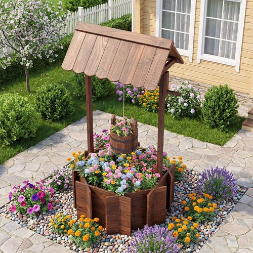 Garden wooden wishing well - garden,