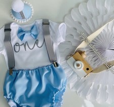 Baby Boys 1st Birthday Cake Smash Outfit. Baby Blue, Powder Blue,Grey And Silver
