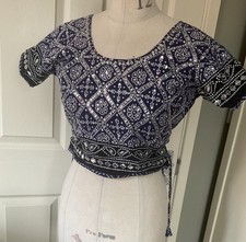 Vintage Blue Black Silver Sequin Mirror Sparkle Sari Blouse Crop Top 8-12