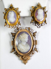 British Antique Victorian Cameo Brooch & Earrings w Screw Backs Set