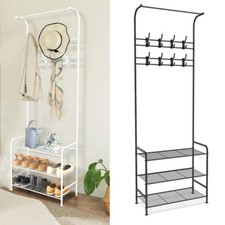 New Coat and Hat Stand 8 Hooks Metal Shoe Rack 3 Tiers Shelf Hanger Black