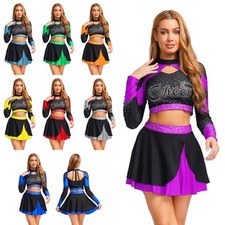 Women Shiny Cheer leader Outfits Crop Top Mini Skirt Cheerleading Uniform Cheer
