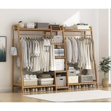 Open Wardrobe Closet Hanging Clothes Rail Bamboo Garment Rack W/Top Shelf 190cm