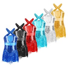 Girls Sequin Tassel Latin Dress Leotard Competition Cha-Cha Jazz Dance Costume