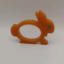 Vintage Bakelite Rabbit Napkin Ring Orange/Brown Green Eye