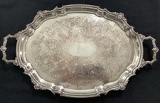 Antique Silver Plated Footed Large Serving Tray / Platter w Ornate Engraving