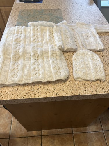 Hand knit white baby set - baby, 0-3