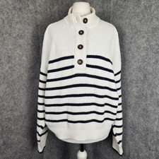 Joules Cove White Navy Breton Stripe 1/4 Neck Chunky Jumper 100% Cotton UK 12