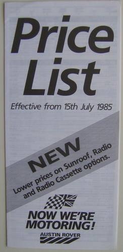 Austin rover price - list, 1985
