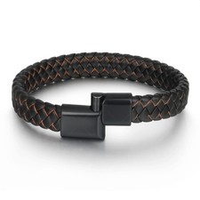1 pcs Mens Real Leather Braided Wristband Bracelet Stainless Steel Magnetic
