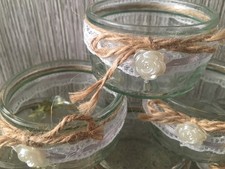 8 Wedding Table Rustic Jars  with White Lace  and Jute