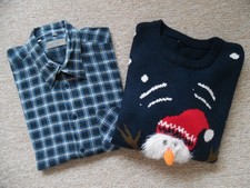 MENS CHRISTMAS JUMPER, LARGE. NAVY/SNOWMAN + WINTER SHIRT. WASHED & IRONED. GC