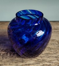 Langham Glass Vase Mottled Cobalt Blue Swirled Glass Makers Stamp 