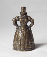 ANTIQUE VICTORIAN BRASS COUNTER DESK BELL ELIZABETHAN LADY WITH LEG CLAPPERS