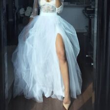 Women White High Slit Maxi Long Skirt Tulle Ruffle Mesh Evening Party Prom Skirt