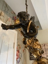 FABULOUS ANTIQUE FRENCH SOLID BRONZE AND ORMOLU FLYING CHERUB CHANDELIER