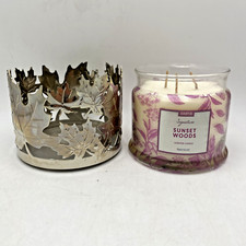 Partylite 3 wick Sunset woods and Silver Metal Maple Leaf Autumn Candle Holder