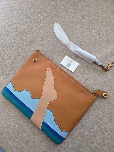Coach tan leather beach - leather, clutch