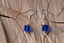 Cobalt Blue Glass Cube Bead Drop Earrings Pierced Handmade