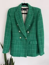 Zara Tweed Blazer Double Breasted Jacket Size S Royal Green Textured Weave Gold