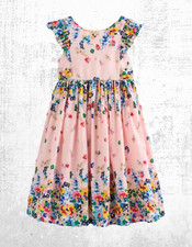 Ex Mini Boden Girls' Floral Printed Bow Back Midi Dress in Blossom Pink