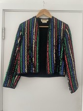 Vintage 70s Ann Green Black Stripe Sequin Cropped Jacket Retro Glam Size UK 14