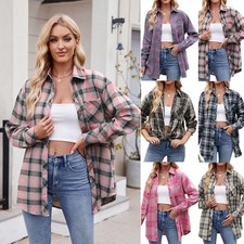 Women's Long Sleeve Check Plaid Flannel Button-Up Shirt Chest Pocket Oversized