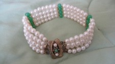 Older Vintage Faux Pearl / Green glass 4 Rows Bracelet w/ An Old Clasp 7.5"