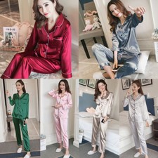 Women Ladies Plain Silk Satin Pyjamas Long Sleeve Nightwear Set Sleepwear UK