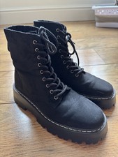 Ladies H&M Black Chunky Back Zip Suede Effect Boots Size UK 6 EU 39