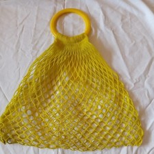 Vintage Yellow Plastic Net String Shopping Bag with Plastic Hoop Handles