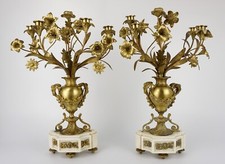 LARGE Pair French Ormolu Gilt Bronze White Marble Candlesticks Candelabra 19th C